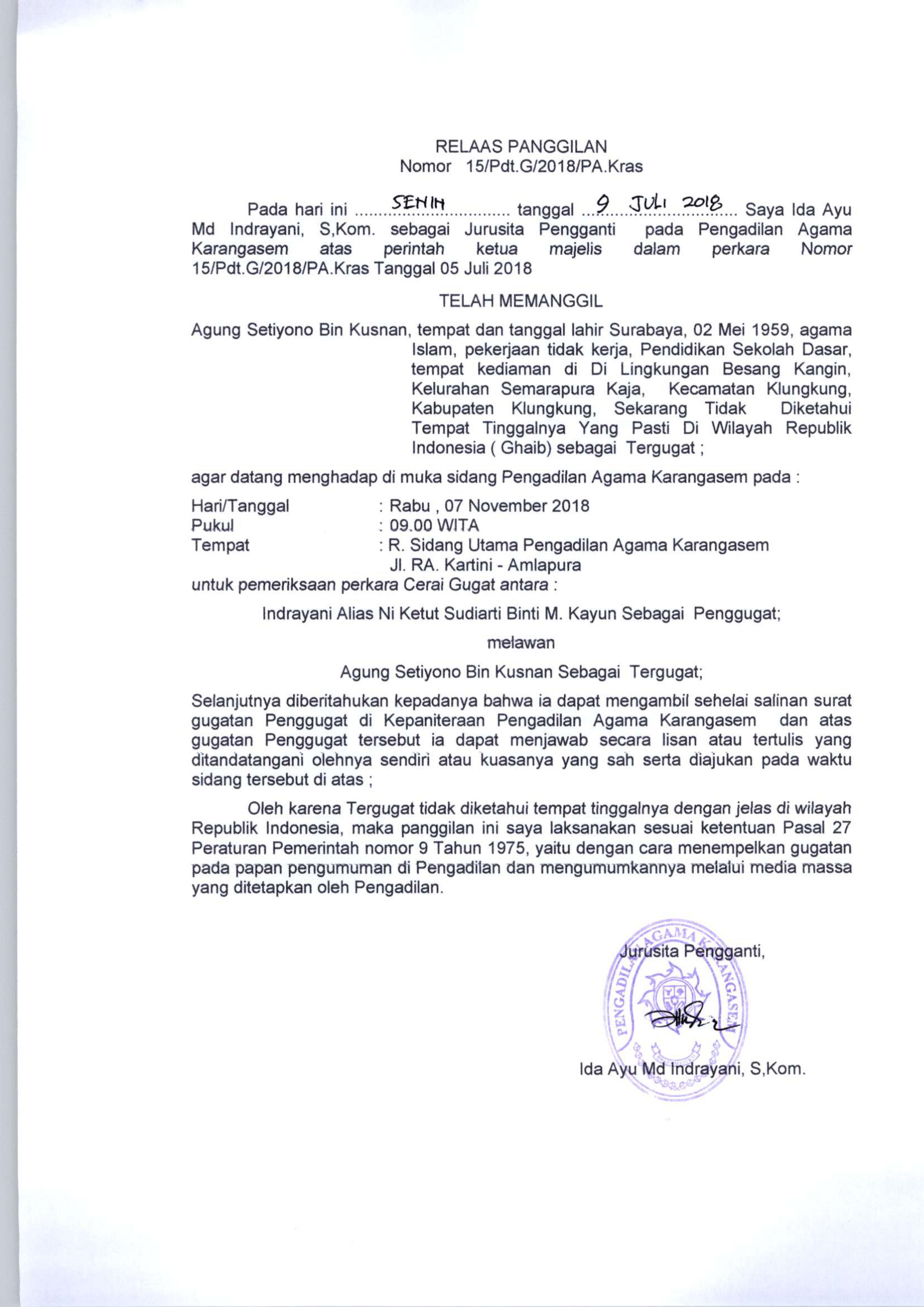 2. PENGUMUMAN TEMPEL RELAAS PANGGILAN Nomor 15 Pdt.G 2018 PA.Kras